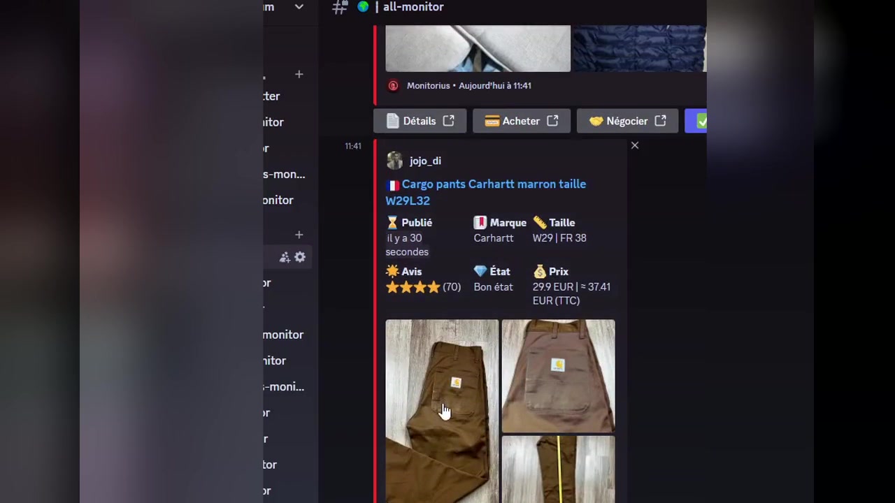 Extrait de démonstration Monitorius montrant une alerte Vinted dans Discord avec marque, taille, prix et état.